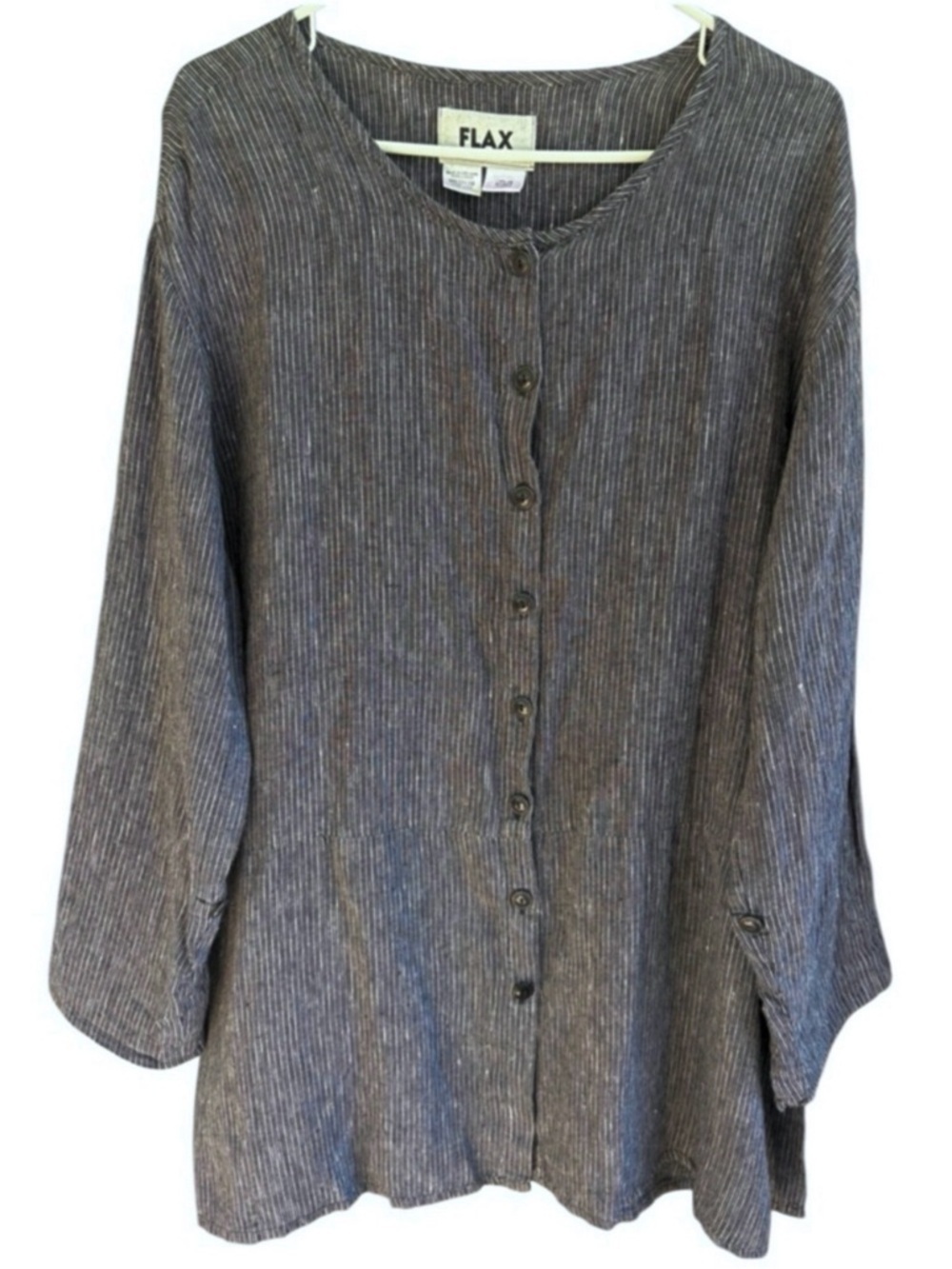 EUC FLAX Linen Button Front Roll Tab Long Sleeve Tunic Top Grey Oversized Medium